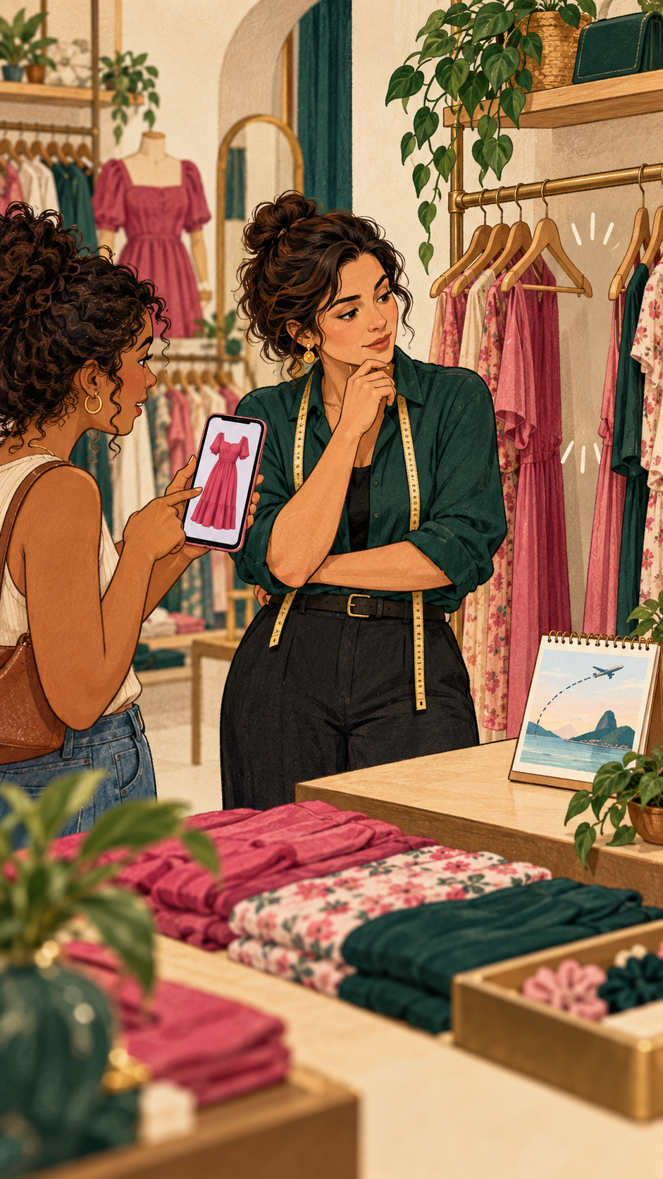 Cliente mostra no celular uma peça que deseja enquanto conversa com a lojista