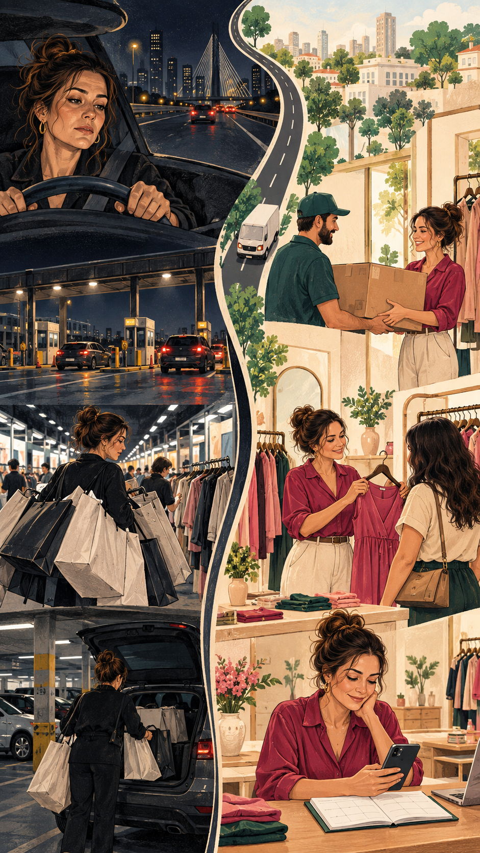 Comparação entre uma viagem de madrugada e a lojista recebendo mercadoria na loja